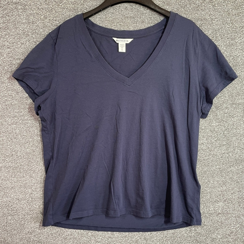 Athleta Organic Daily V-Neck Tee Navy Blue Short Sleeve Cotton Shirt XL